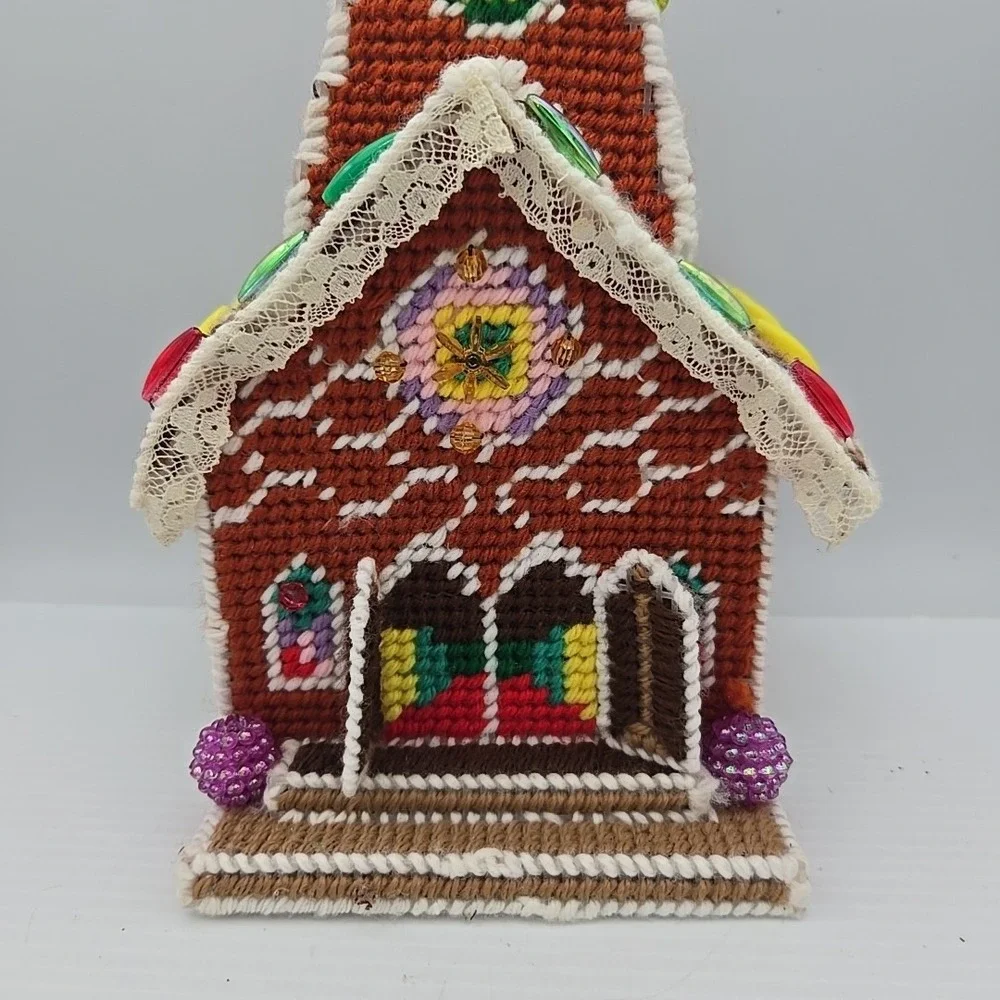 VTG Handmade‎ Plastic Canvas Needlepoint Gingerbread House Church Tan